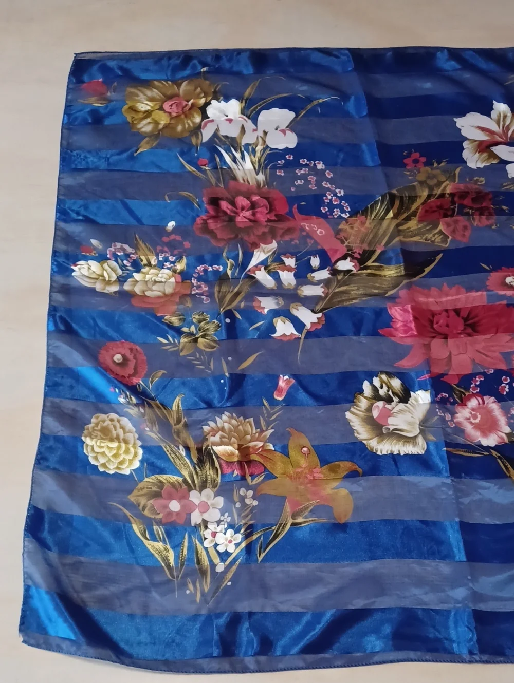 Vintage Floral Striped Square Scarf Blue Chiffon Satin 39×39 Grandma-Core